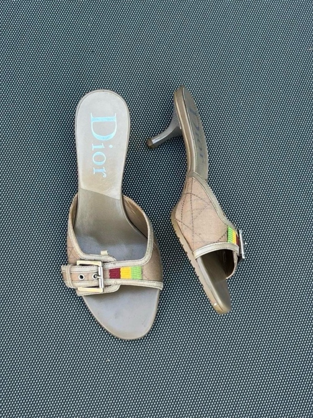 Vintage 2004 Dior Rasta Beige Leather Slide Mules with Multicolor Stripe - Picture 4 of 8